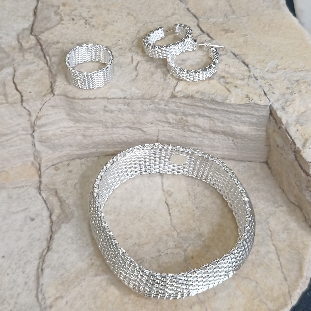 925 Sterling Silver Plated Mesh Jewelry Set Bracelet Earrings Ring 7